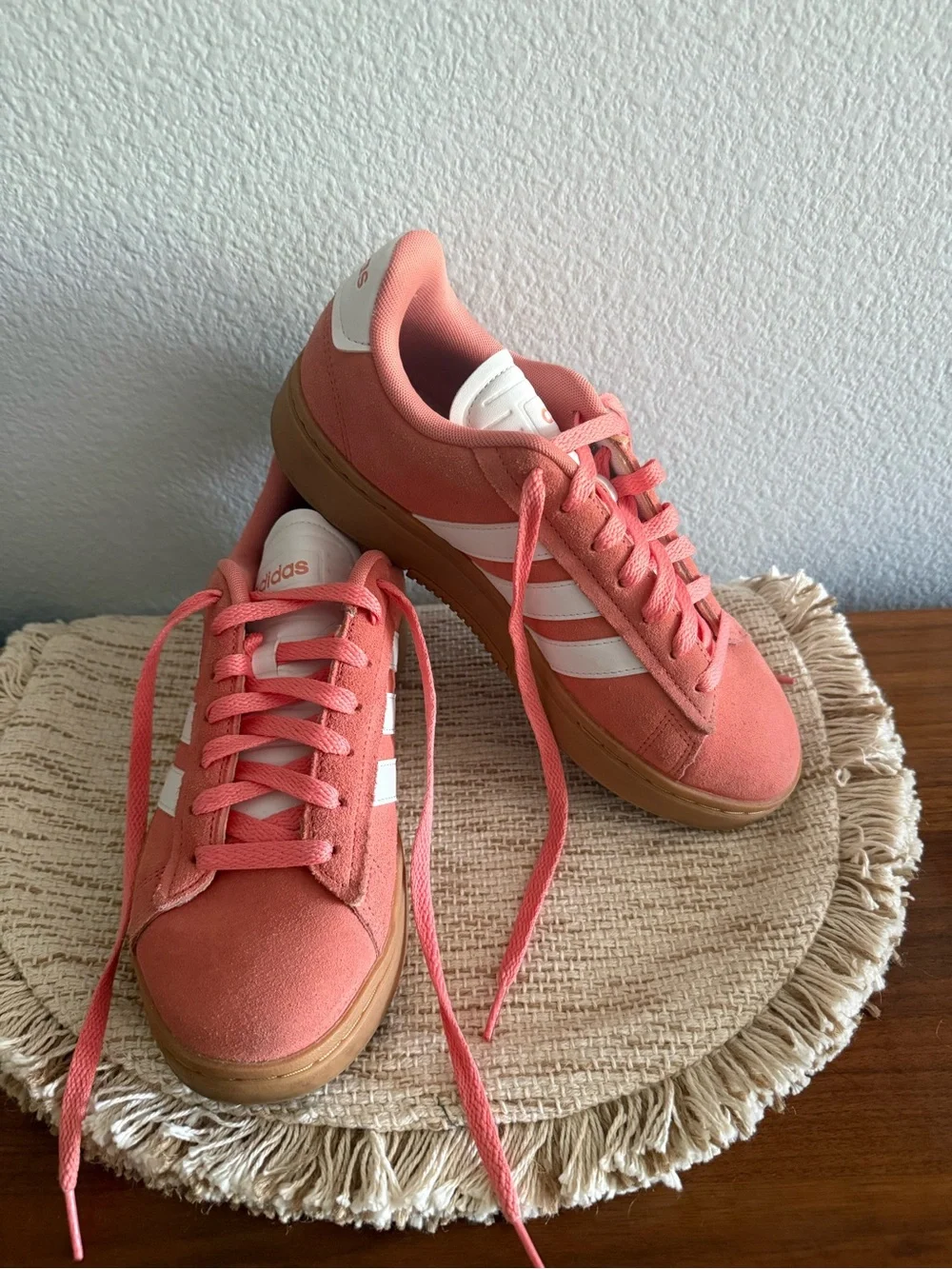 adidas Women’s Coral Pink Suede Sneakers with White Stripes